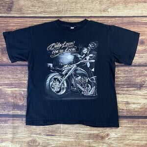 Skull on Motorcycle T-shirt Cada Loca Con Su Loca Biker Black Large